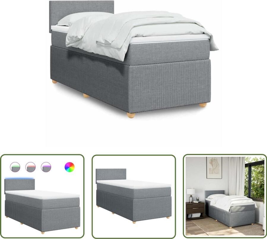 VidaXL Boxspring met matras stof lichtgrijs 90x190 cm Boxspring Matras Led Verlichting Slaapkamer Comfortabel