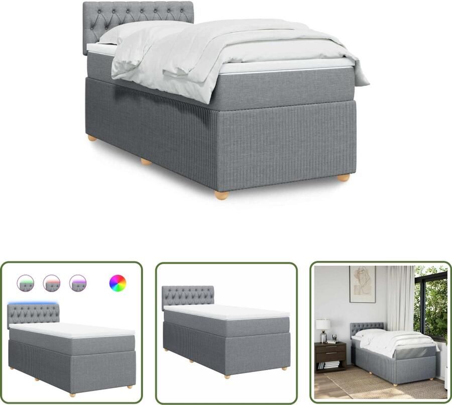 VidaXL Boxspring met matras stof lichtgrijs 90x200 cm Boxspring Matras Led Verlichting Bedroom Furniture Slaapkamer