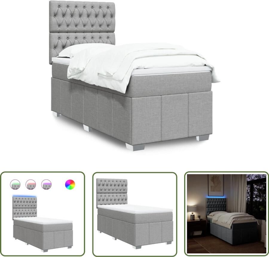 VidaXL Boxspring met matras stof lichtgrijs 90x200 cm Boxspring Matras Led Verlichting Boxspringbed Slaapcomfort