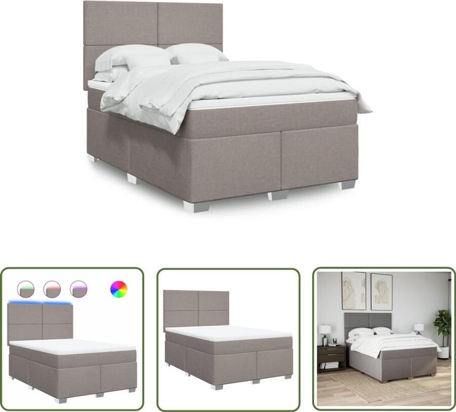 VidaXL Boxspring met matras stof taupe 140x200 cm Boxspring Matras Led Verlichting Slaapcomfort Bedroom Decoratie