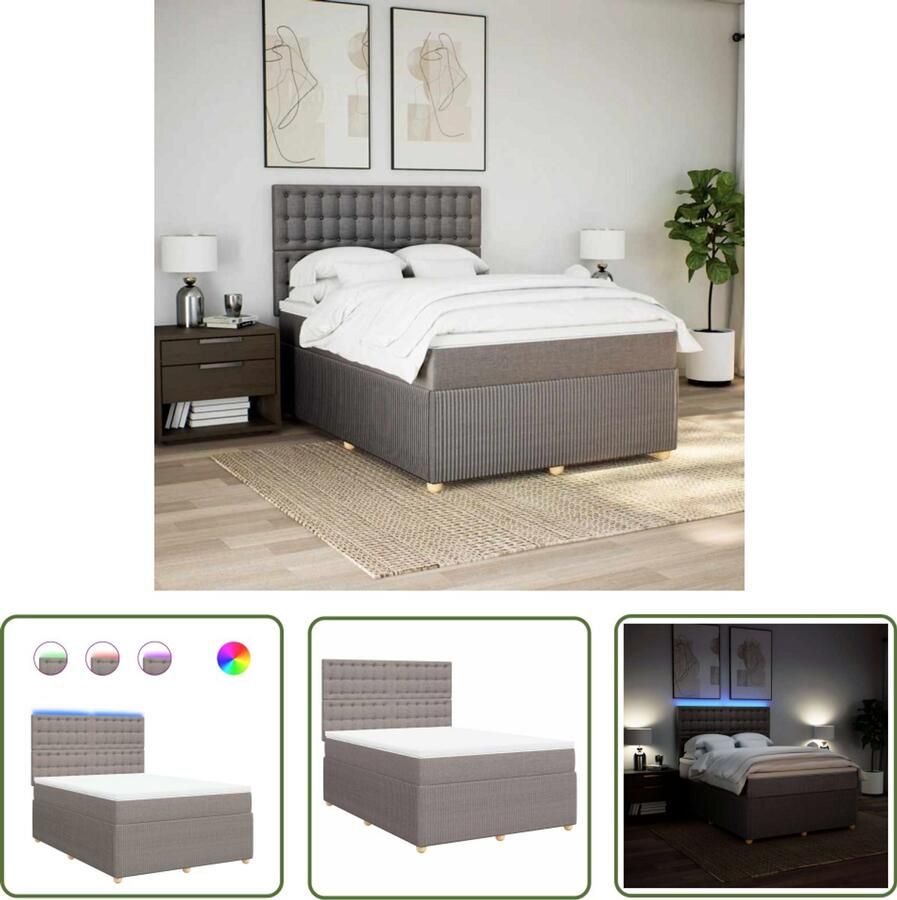 VidaXL Boxspring met matras stof taupe 160x200 cm Boxspring Matras Led Verlichting Hoofdbord Pocketvering