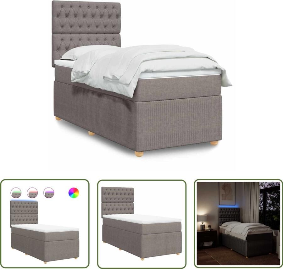 VidaXL Boxspring met matras stof taupe 90x200 cm Boxspring Matras Led Verlichting Hoofdbord Pocketvering