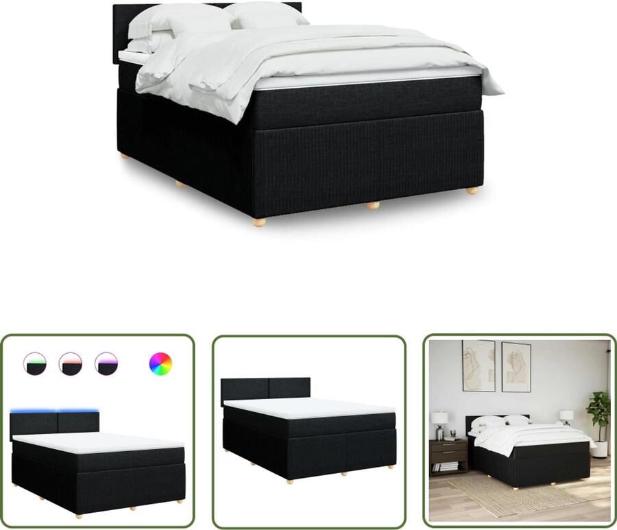 VidaXL Boxspring met matras stof zwart 140x200 cm Boxspring Matras Led Verlichting Boxspringbed Slaapkamer