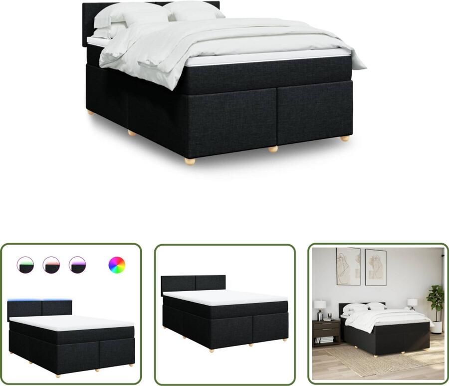 VidaXL Boxspring met matras stof zwart 140x200 cm Boxspring Matras Led Verlichting Pocketvering Kruipruimte
