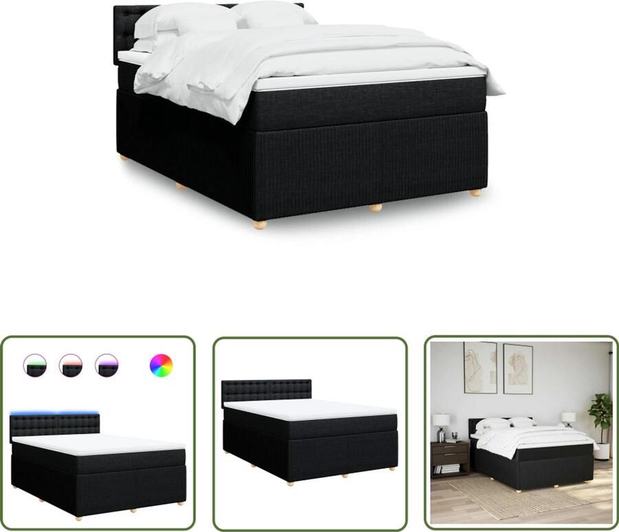 VidaXL Boxspring met matras stof zwart 160x200 cm Boxspring Matras Led Verlichting Pocketvering Usb Aansluiting