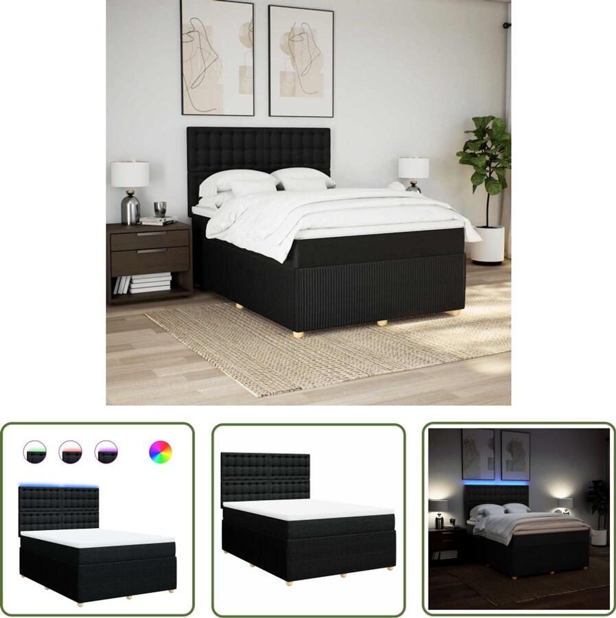 VidaXL Boxspring met matras stof zwart 160x200 cm Boxspring Matras Led Verlichting Slaapcomfort Boxspringbed