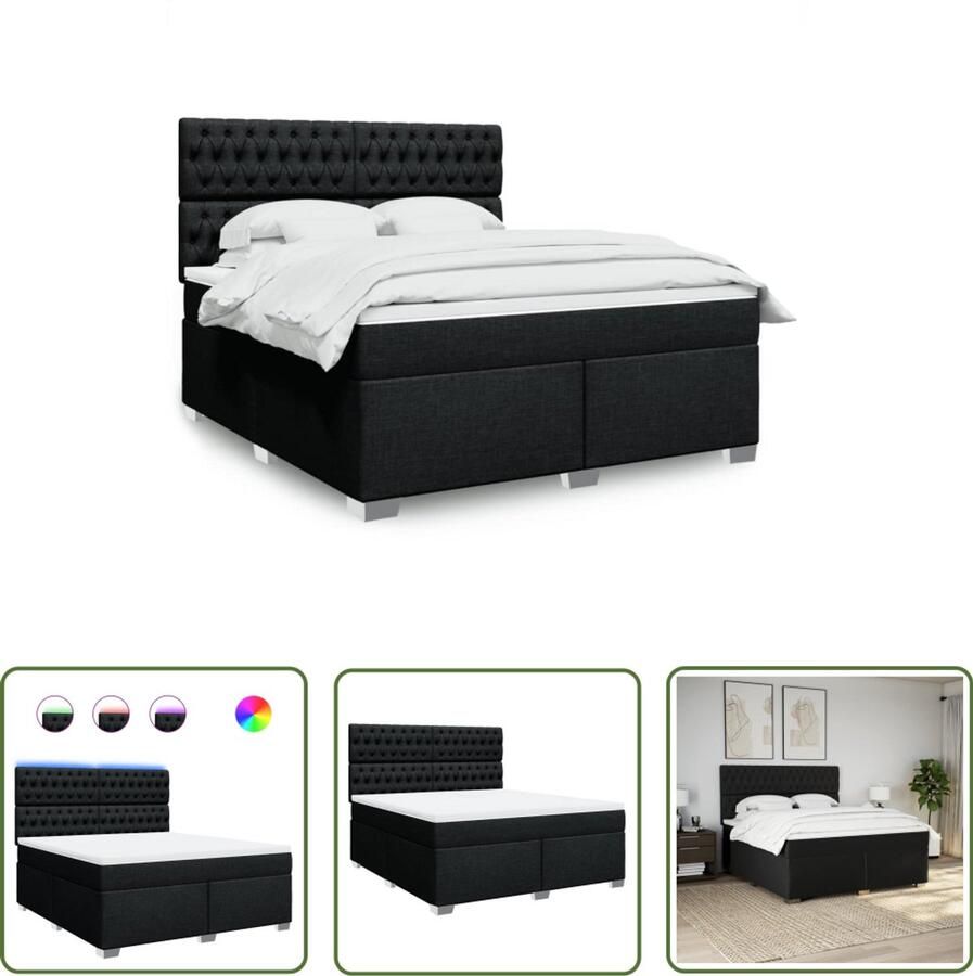 VidaXL Boxspring met matras stof zwart 180x200 cm Boxspring Matras Led Verlichting Hoofdbord Boxspringbed