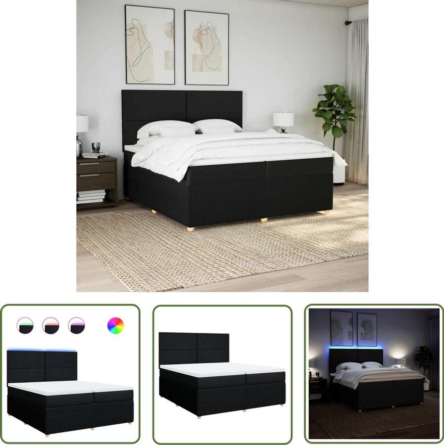 VidaXL Boxspring met matras stof zwart 200x200 cm Boxspring Matras Led Verlichting Hoofdbord Boxspring Bed