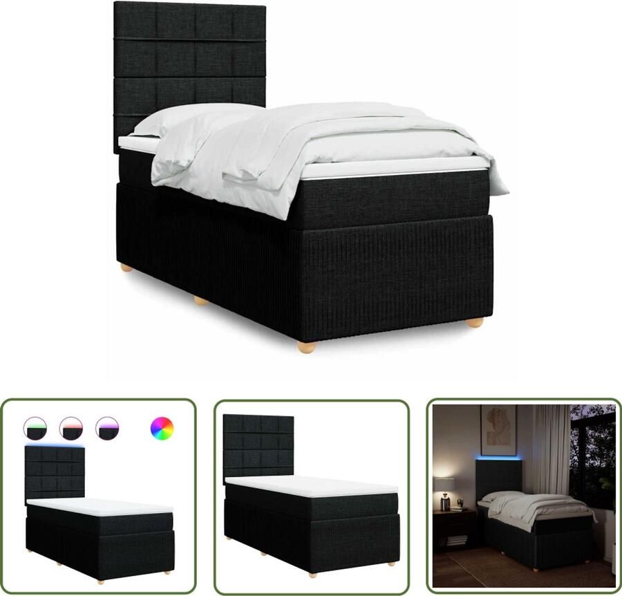 VidaXL Boxspring met matras stof zwart 80x200 cm Boxspring Matras Led Verlichting Hoofdbord Boxspringbed