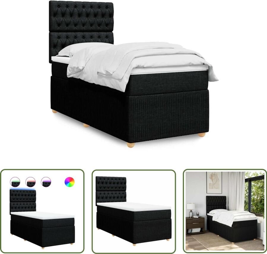 VidaXL Boxspring met matras stof zwart 90x190 cm Boxspring Matras Led Verlichting Elektrisch Hoofdbord Pocketvering