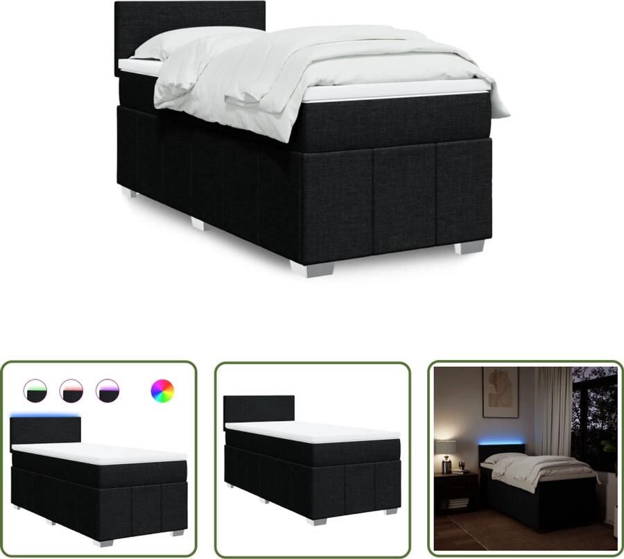 VidaXL Boxspring met matras stof zwart 90x200 cm Boxspring Matras Led Verlichting Zwarte Boxspring 90x200