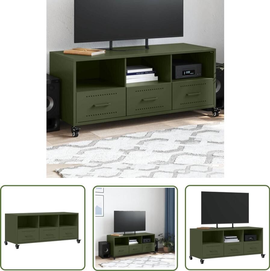 The Living Store Tv-meubel 100 5x39x43 5 cm staal olijfgroen Tv-meubel Mediakast Salontafel Industrieel Design Olijfgroot