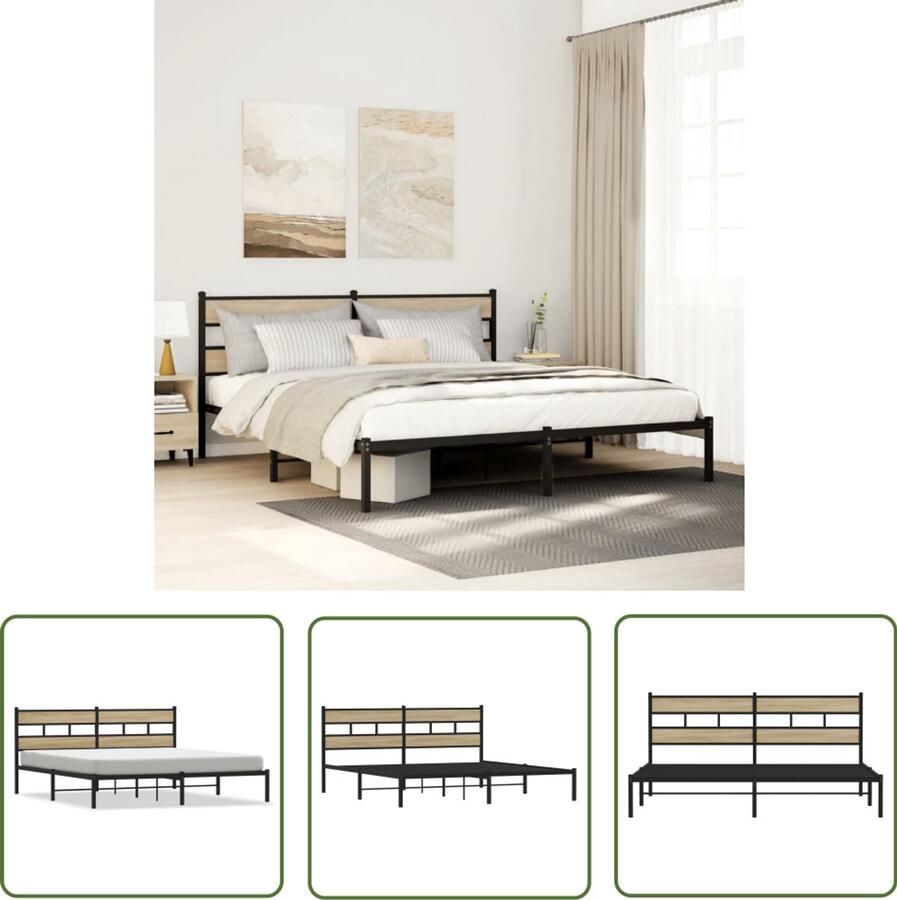 VidaXL Bedframe zonder matras metaal sonoma eikenkleur 200x200 cm Bedframe Metalen Bed Houten Bed Boxspring Slaapcomfort