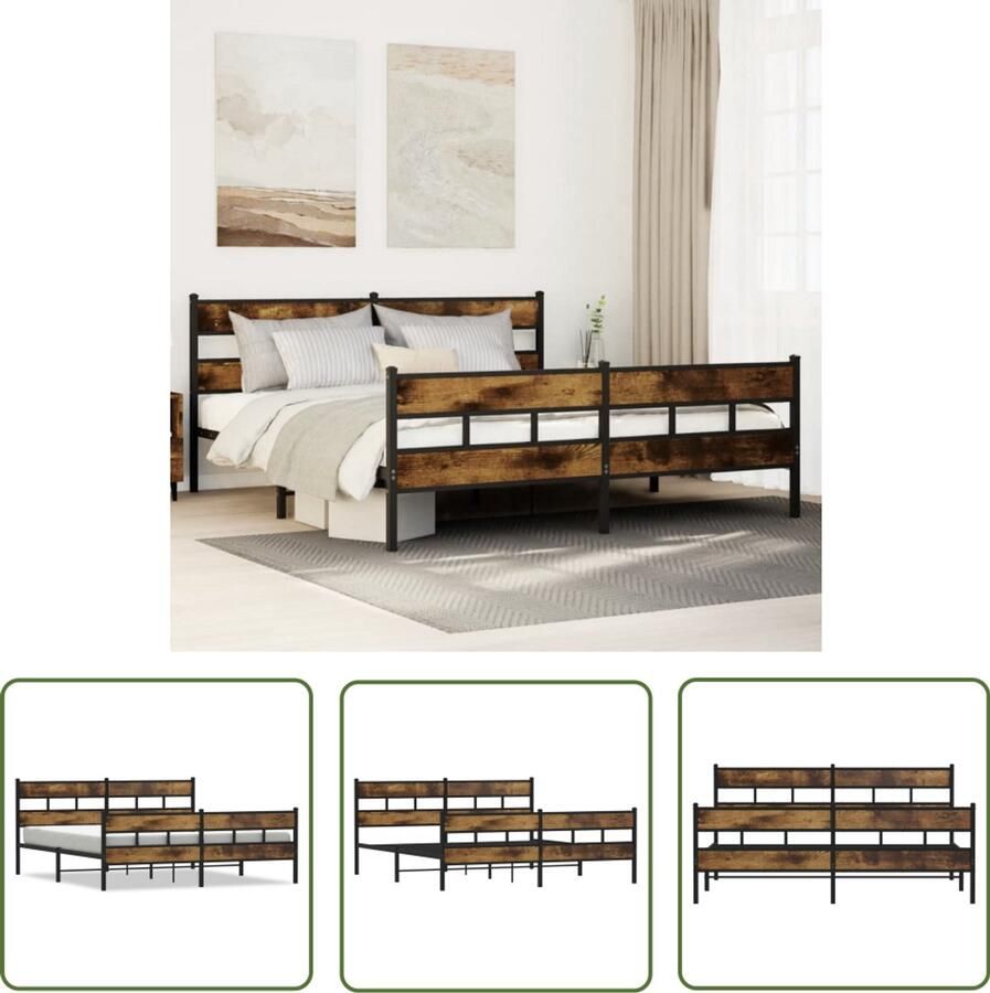 VidaXL Bedframe Gerookt Eiken 193x203 cm Staal Bed Frame Metalen Bed Tweepersoons Bed Boxspring Bed Met Opbergruimte