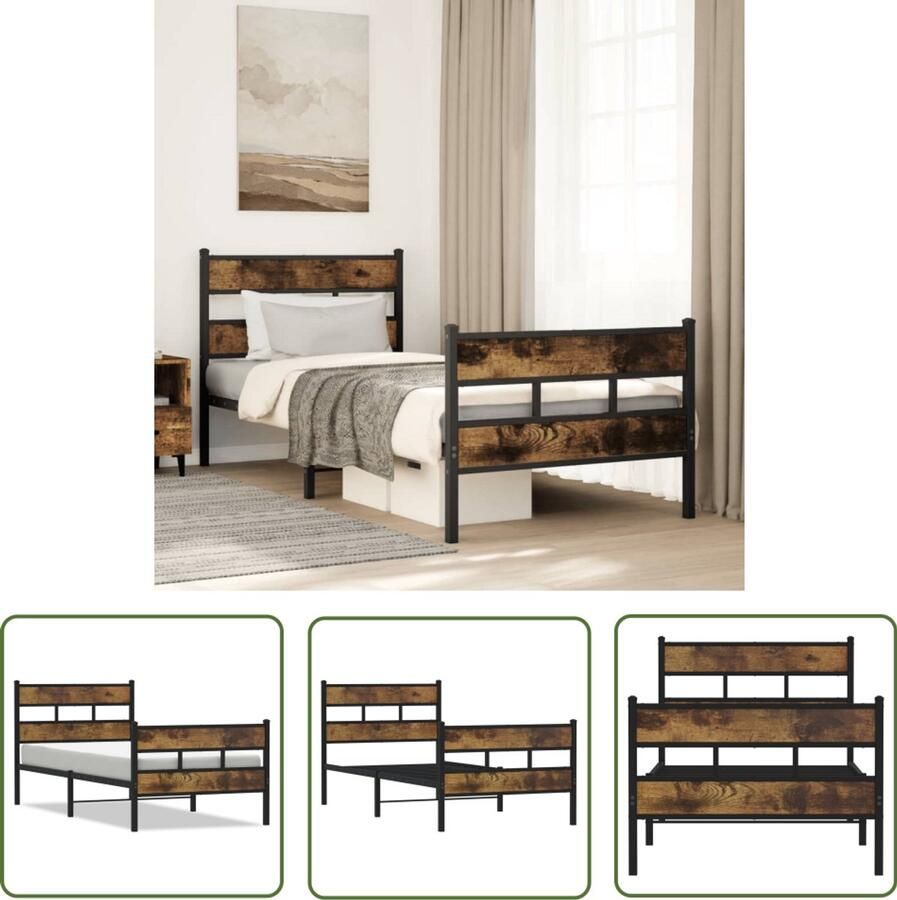 The Living Store Bedframe zonder matras metaal gerookt eikenkleurig 100x190 cm Slaapcomfort Metalen Bedframe Houten Bedframe Boxspring Bed Stapelbaar Bed