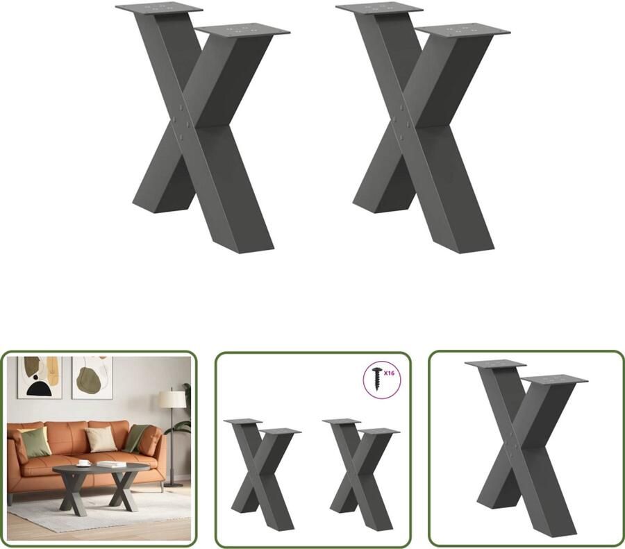 The Living Store Salontafelpoten 2 st X-vormig 50x(42-43) cm staal antraciet Salontafel Potten Metalen Tafelpoten X-vormige Tafelpoten Zwarte Tafelpoten Industrieel Design Meubels