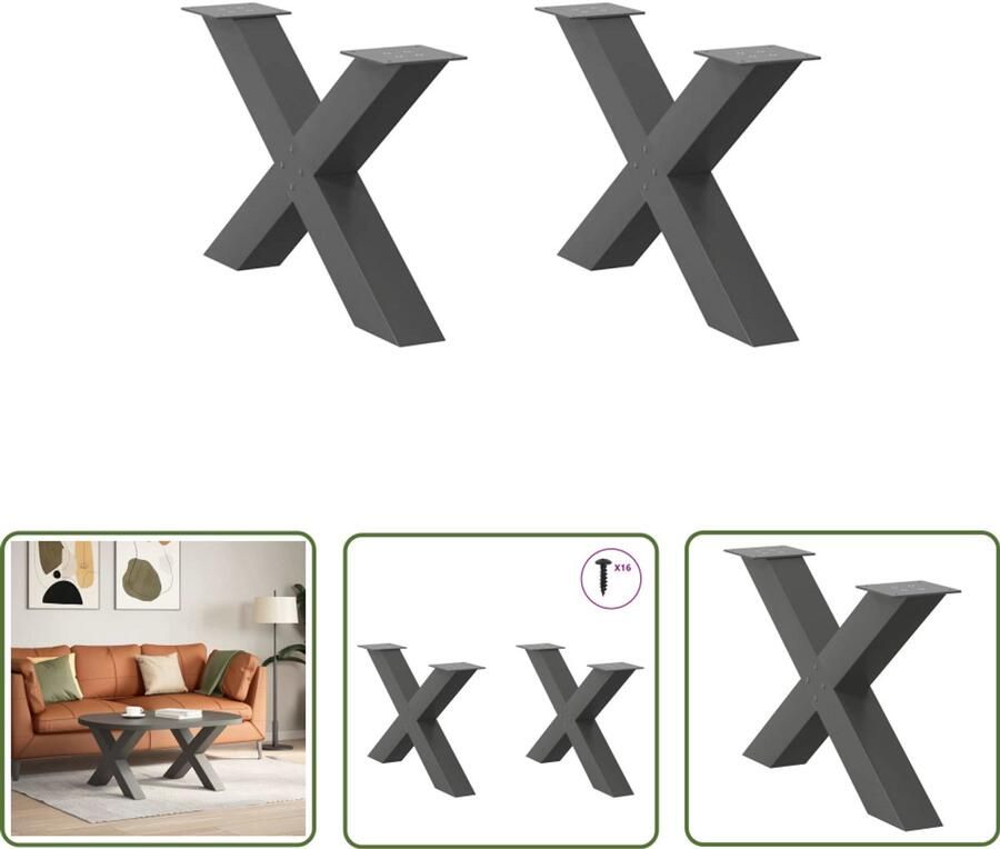 The Living Store Salontafelpoten 2 st X-vormig 70x(42-43) cm staal antraciet Salontafel Potten Metalen Tafelpoten Salontafel Onderstel Industrieel Meubilair Zwarte Tafelpoten