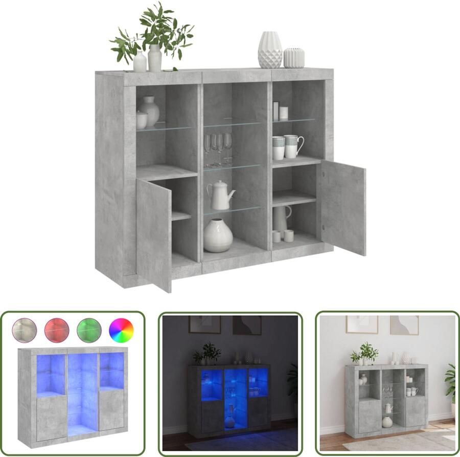 The Living Store Dressoirs met LED-verlichting 3 st bewerkt hout betongrijs Dressoir Tv Meubel Bergruimte Led Verlichting Houten Kast