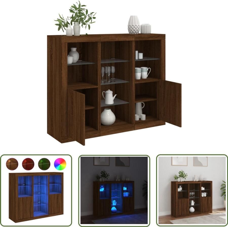 The Living Store Dressoirs met LED-verlichting 3 st bewerkt hout bruineikenkleur Dressoir Kast Houten Dressoir Led Verlichting Opbergkast