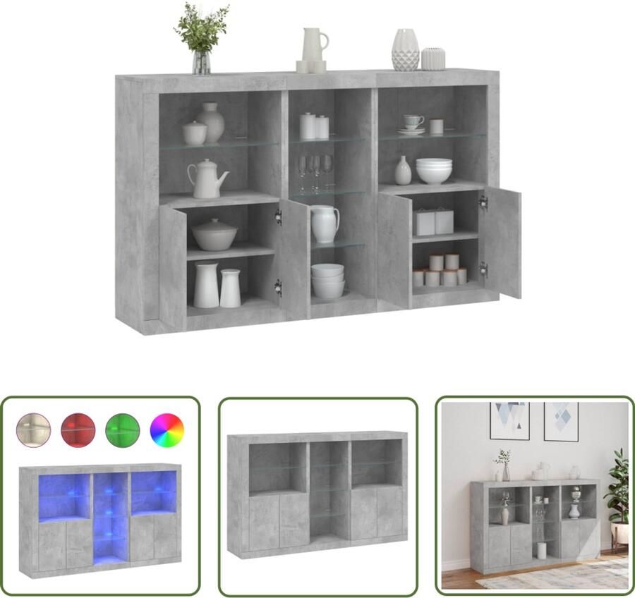 The Living Store Dressoir met LED-verlichting 162x37x100 cm betongrijs Modern Dressoir Led Verlichting Opbergkast Tv Stand Salontafel