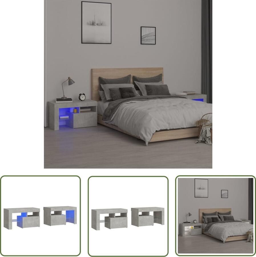 The Living Store Nachtkastjes Betongrijs Bewerkt hout 70x36.5x40 cm Met RGB LED-verlichting Nachtkastjes Meubilair Slaapkamermeubelen Led Lampen Beton Grijs