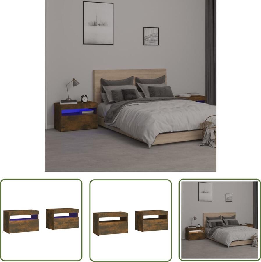 The Living Store Nachtkastjes 2 st met LED-verlichting 60x35x40 cm gerookt eiken Nachtkastjes Meubilair Kamermeubel Houten Meubel Led Verlichting