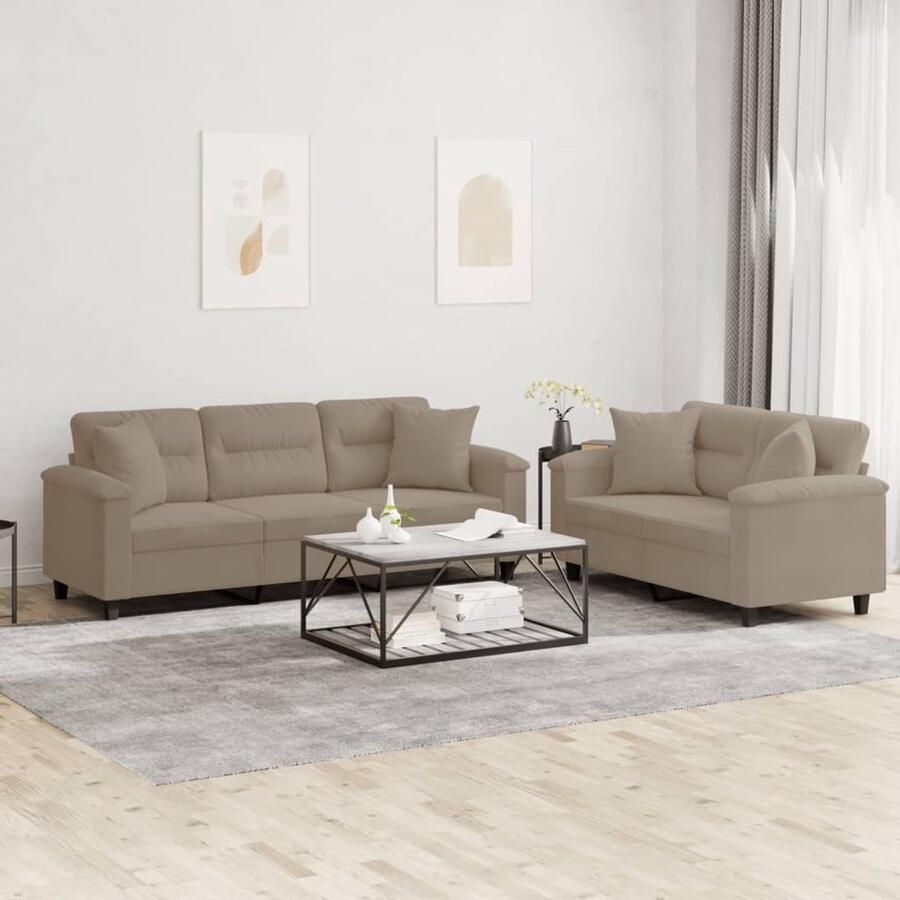 The Living Store 2-delige Loungeset met kussens microvezelstof taupe Loungeset Microfiber Bankstel 2 Persoons Bank 3 Persoons Bank Lounge Set