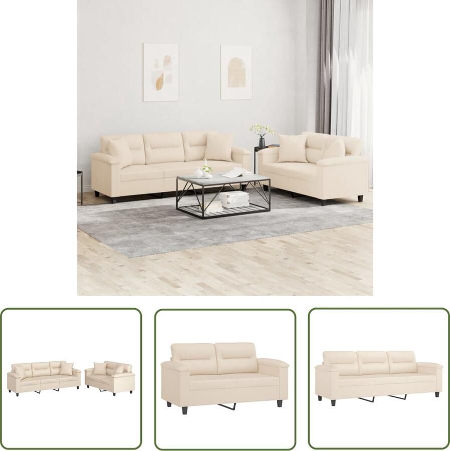 The Living Store 2-delige Loungeset met kussens microvezelstof beige Loungebank Microfiber Sofa Bankstel Tuinset Buitenmeubilair