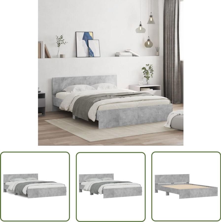 VidaXL Bedframe met hoofdeinde betongrijs 140x200 cm Betonnen Grijs Bedframe Modern Bed Slaapcomfort Boxspring Alternatief Dubbele Bed
