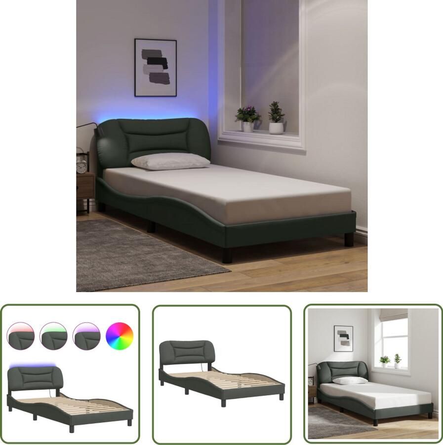 VidaXL Bedframe met LED zonder matras Hvar 100x200 cm stof donkergrijs Stijlvol Bed Frame Modern Bed Frame Led Bed Frame Grijs Bed Frame Tweepersoons Bed Frame