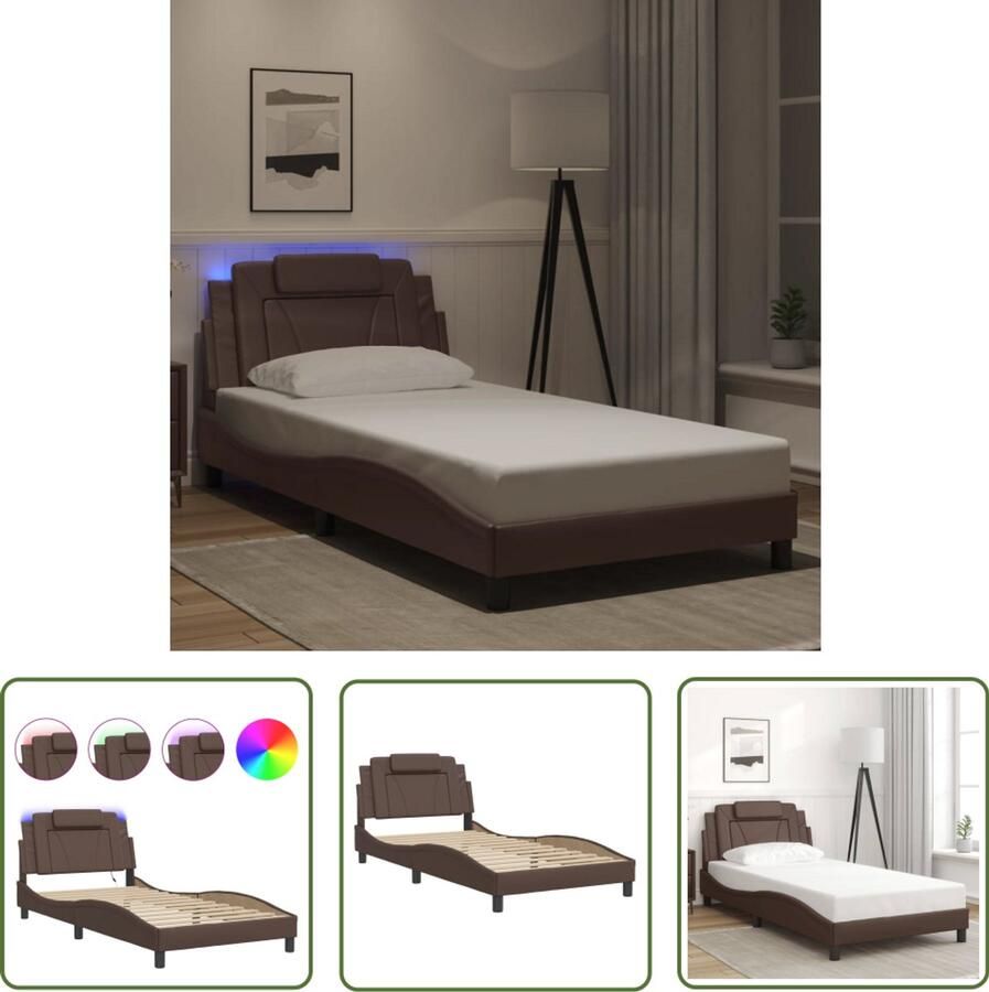VidaXL Modern Bed Frame Stijlvolle Bed Frame Bedframe Viana met LED zonder matras kunstleer bruin 100x200 cm Leder Look Bed Frame Bruine Bed Frame Led Lampen Bed Frame