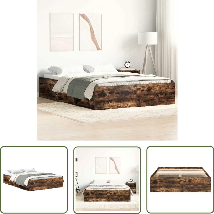 The Living Store Bed V4 Houten Bedframe 193 x 143 x 35 cm Gerookt Eiken Houten Bedframe Modern Bed Tweepersoons Bed Bruine Bed Met Lade