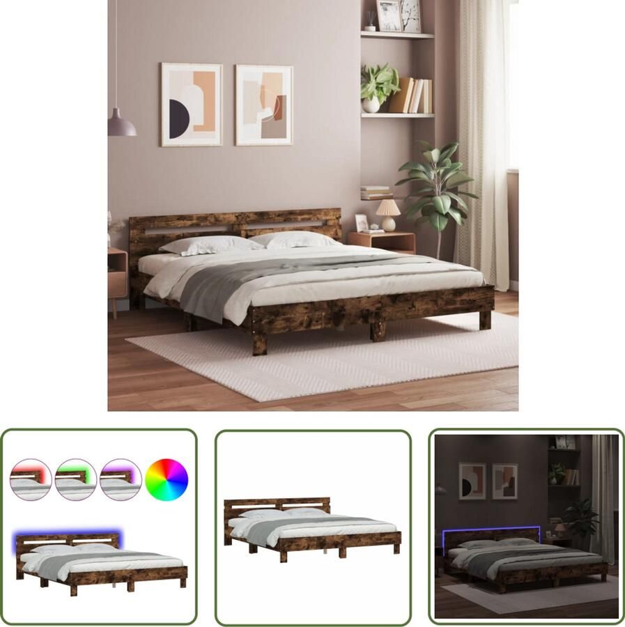 VidaXL Bedframe met hoofdeinde en LED gerookt eikenkleurig 200x200 cm Stijlvol Bedframe Modern Bed Led Verlichting Bed Houten Bed Frame Bruine Bed