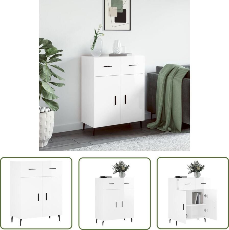 The Living Store Dressoir 69 5x34x90 cm bewerkt hout hoogglans wit Dressoir Modern Dressoir Hoogglans Wit Dressoir Houten Dressoir Metalen Dressoir