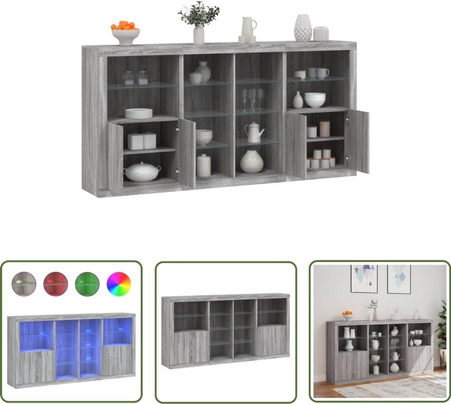 VidaXL Dressoir met LED-verlichting 202x37x100 cm grijs sonoma eiken Dressoir Modern Dressoir Grijze Dressoirs Houten Dressoir Led Dressoir