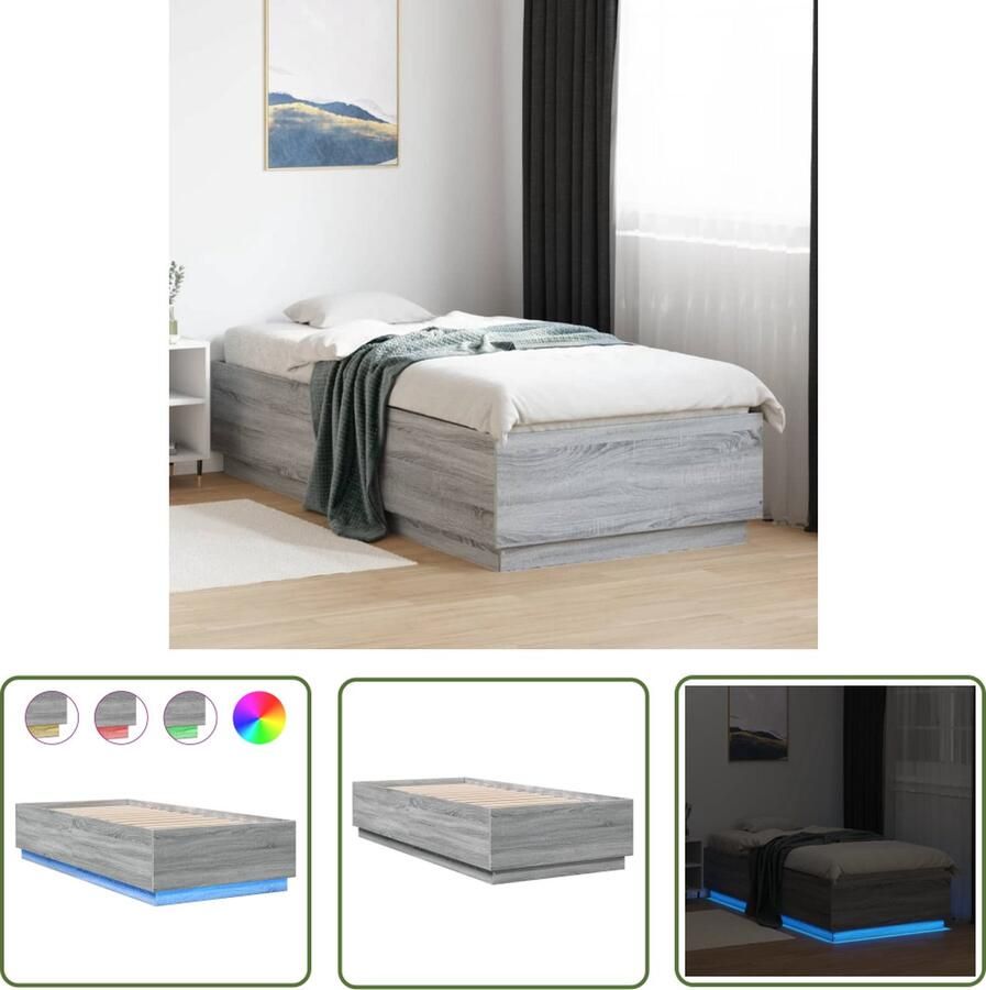 The Living Store Bedframe LED-verlichting Multiplex Grijs Sonoma Eiken 203 x 102 x 40 cm RGB LED Bed Frame Multiplex Bed Frame Tweepersoons Bed Houten Bed Frame Grijze Bed Frame
