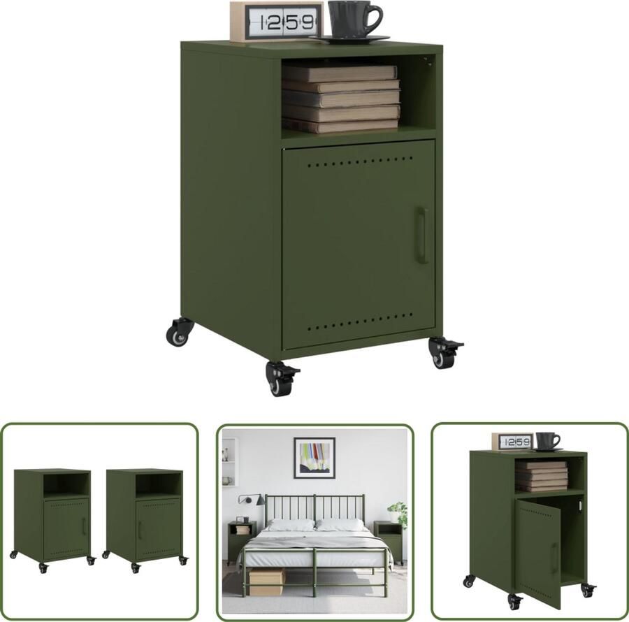 The Living Store Nachtkastjes 2 st 36x39x59 cm staal olijfgroen Nachtkastjes Nachtkasten Olijfgroot Koudgewalst Staal Slaapkamersdecoratie