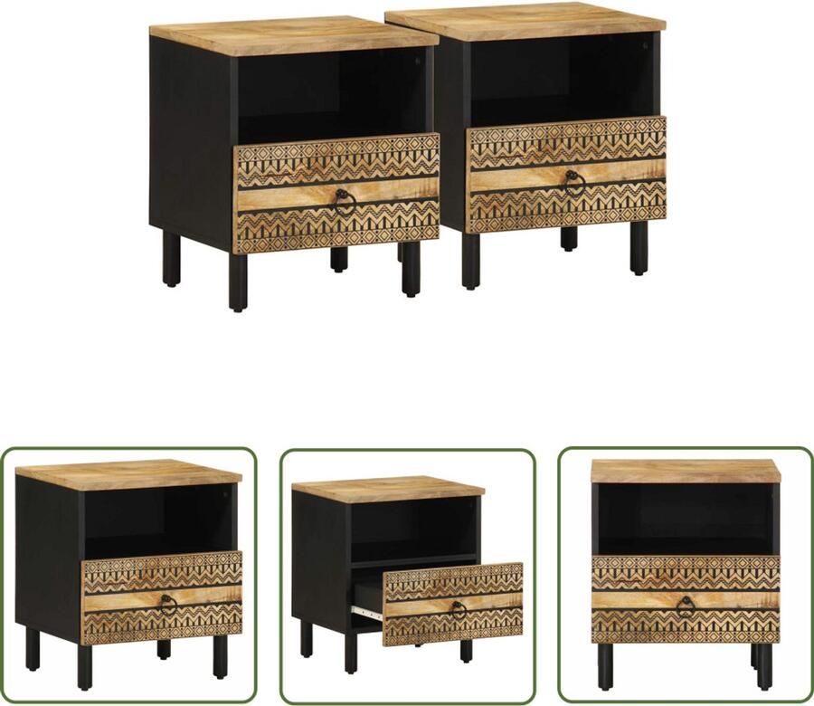 The Living Store Nachtkastjes 2 st 40x33x46 cm massief ruw mangohout zwart Nachtkastjes Nachtkasten Mango Wood Industrieel Zwarte Meubels