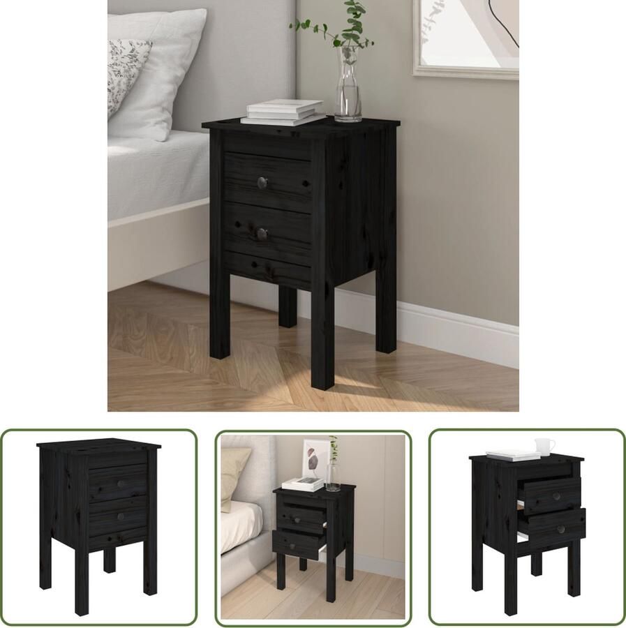 The Living Store Nachtkastje Grenenhout Zwart 40 x 35 x 61.5 cm 2 lades Stevig blad Nachtkastje Kastje Slaapkamermeubel Grenenhouten Meubilair Zwarte Meubels - Foto 2
