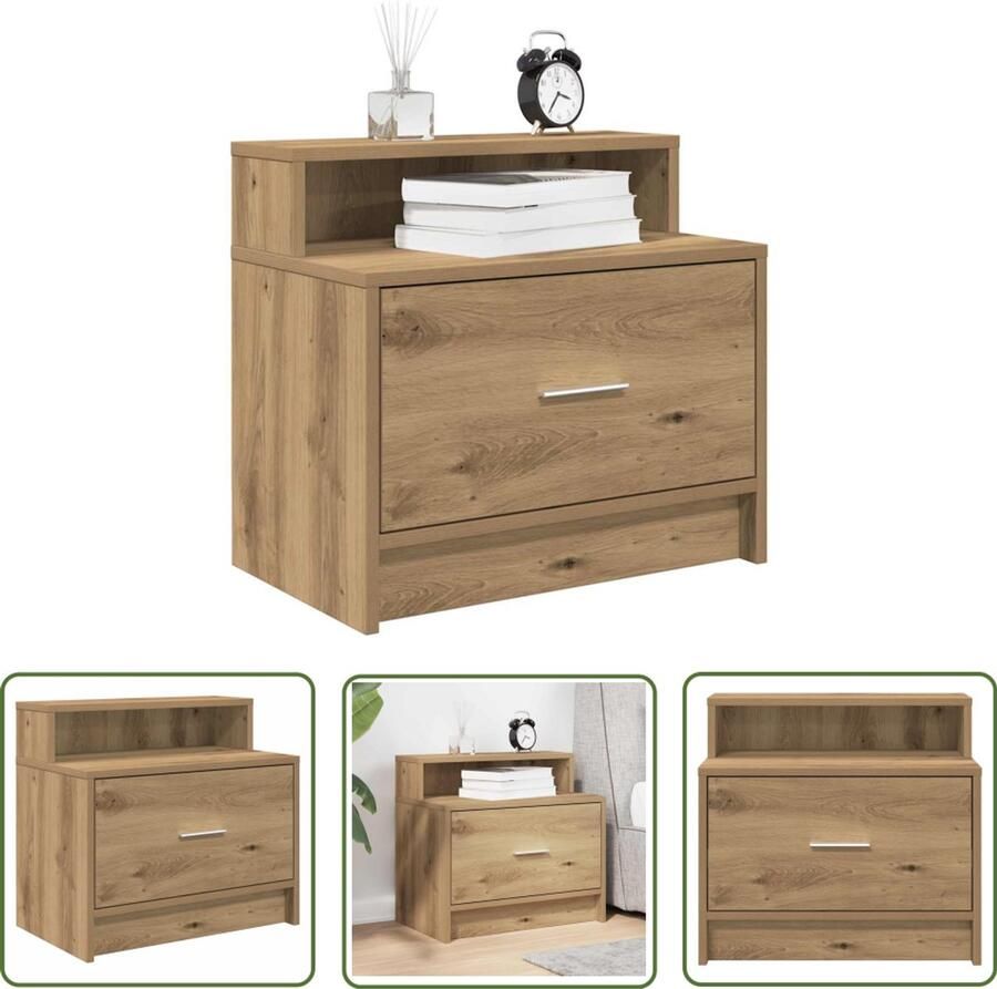 The Living Store Nachtkastje met lade 51x31x47 cm artisanaal eikenkleurig Nachtkastje Met Lade Houten Nachtkastje Eiken Kleurige Nachtkastje Slaapkamer Meubilair