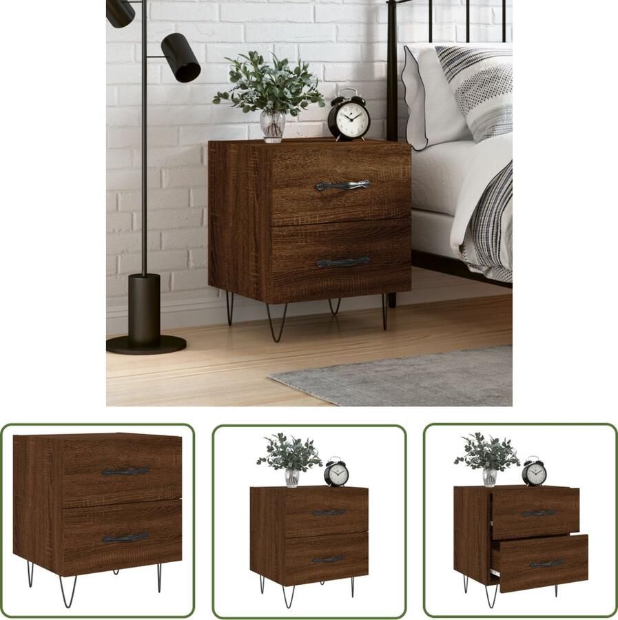The Living Store Nachtkastje Bruineiken Bewerkt Hout en IJzer 40x35x47.5cm Opbergruimte Displayfunctie Nacht Kast Nachtkastje Bijzettafel Houten Kast Bruine Kast - Foto 2