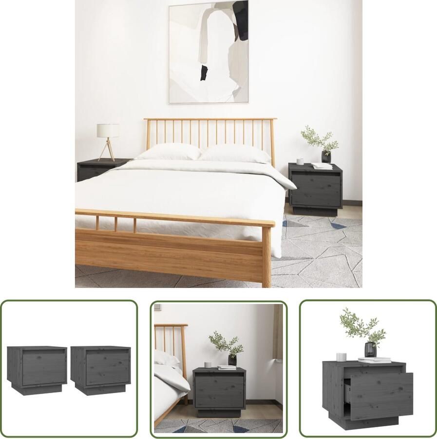 The Living Store Nachtkastjes 2 st 35x34x32 cm massief grenenhout grijs Nachtkastjes Bedkastjes Grenenhouten Meubilair Grijs Meubel Slaapkamer Decoratie - Foto 2