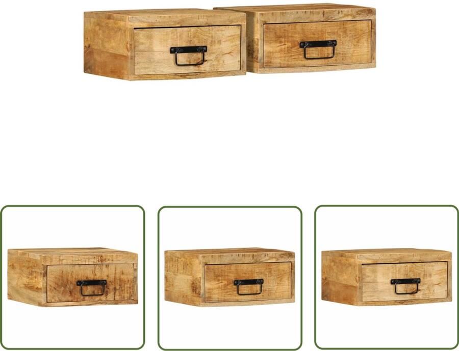 The Living Store Nachtkastjes 2 st wandgemonteerd massief ruw mangohout Nachthastje Wandmontage Mangohout Opbergruimte Slaapkamers