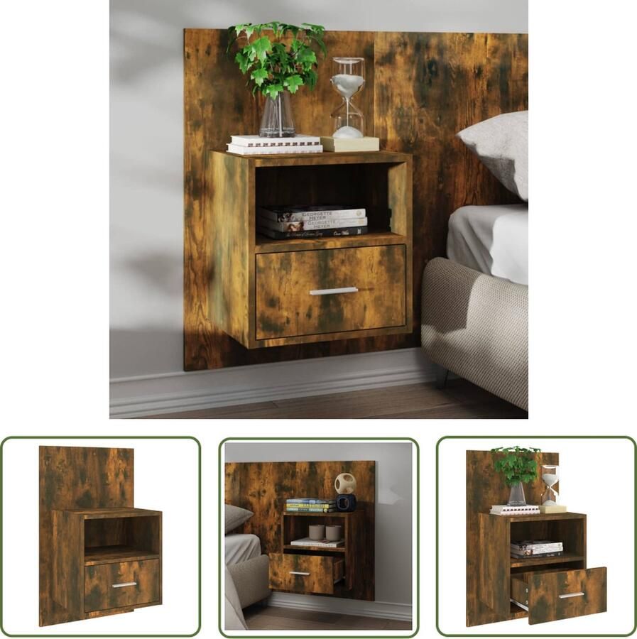 The Living Store Wandnachtkast gerookt eiken 48.5 x 32.5 x 80 cm wandmontage multifunctioneel kastje eenvoudig schoon te maken montage vereist Wandlamp Nachtlamp Bergruimte Badkamermeubel Houten Meubilair - Foto 2