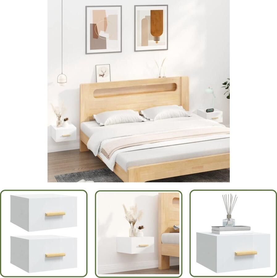 The Living Store Wandnachtkastje Zwevend Hoogglans Wit 35 x 35 x 20 cm Bewerkt Hout Wandlamp Nachtlamp Slaapkamersdecoratie Houten Meubilair Minimalistische Design - Foto 2