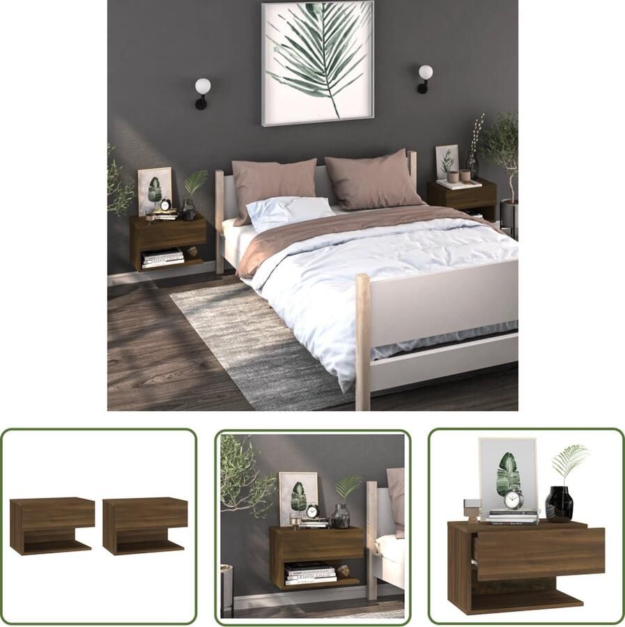 The Living Store Wandnachtkast Bruineiken 46 x 29.5 x 30 cm Montage vereist 2 stuks Wandlamp Nachtlamp Bergruimte Badkamermeubel Houten Meubel - Foto 2