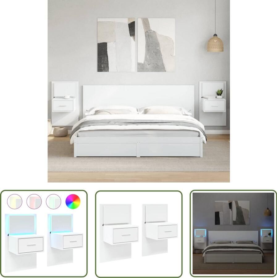 The Living Store Nachtkastjes met LED's 2 st wandgemonteerd wit Wandlamp Nachtlamp Led Lamp Slaapkamervloer Houten Meubel