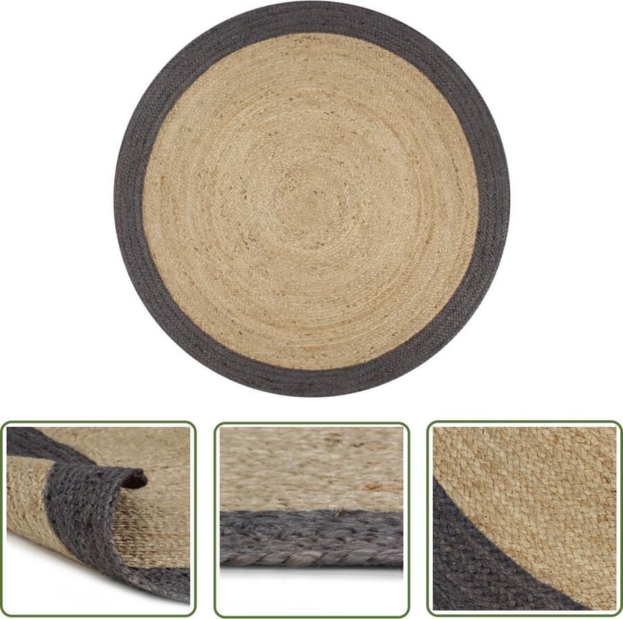 The Living Store Vloerkleed handgemaakt met donkergrijze rand 90 cm jute Tapijt Natuurtapijt Handgeweven Tapijt Ronde Vloerkleed Grijs Tapijt