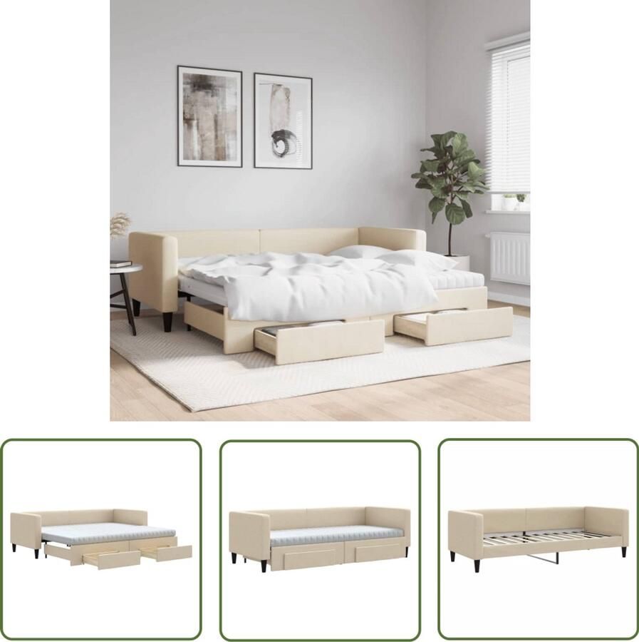 The Living Store Slaapbank met onderschuifbed en lades 80x200 cm stof crèmekleur Slaapbank Onderschuifbed Tweepersoonsbed Lounge Sofa Multifunctionele Meubels