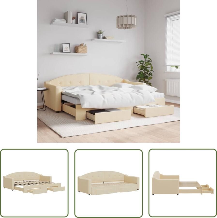 The Living Store Slaapbank Onderschuifbed Crème 223x90x75cm Met Opberglades Duurzame Stof Slaapbank Onderschuifbed Tweepersoonsbed Bankslaapzaak Lounge Sofa